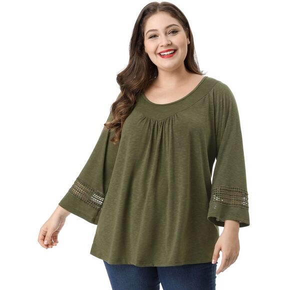 Women's Plus Size Crochet Panel Kimono Raglan Sleeves Tops Green - Picture 1 of 6